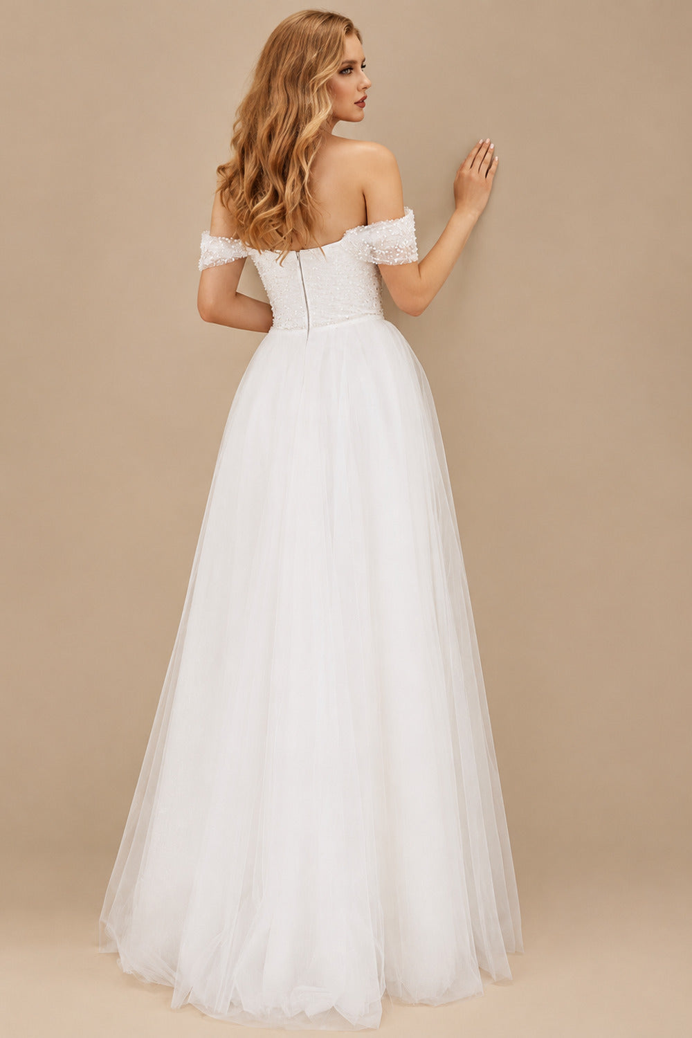 Rutipo Ivory A-Line Off-The-Shoulder Sleeveless Floor-Length Wedding Dresses
