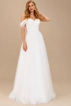 Rutipo Ivory A-Line Off-The-Shoulder Sleeveless Floor-Length Wedding Dresses