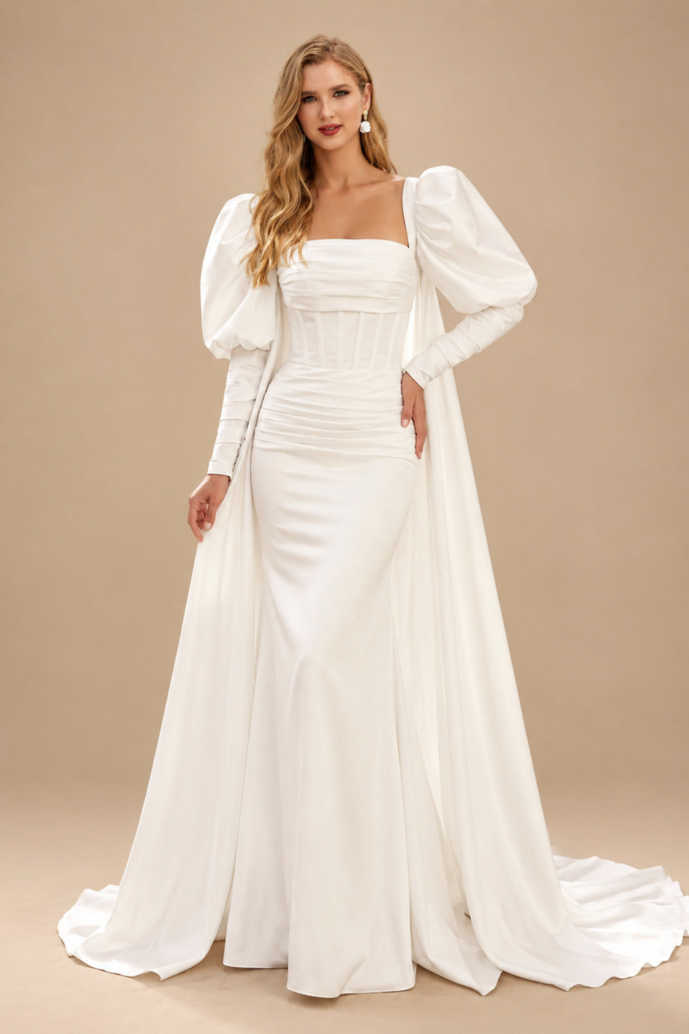 Rutipo Ivory Sheath/Column Square Neckline Long Sleeves Sweep Train Wedding Dresses