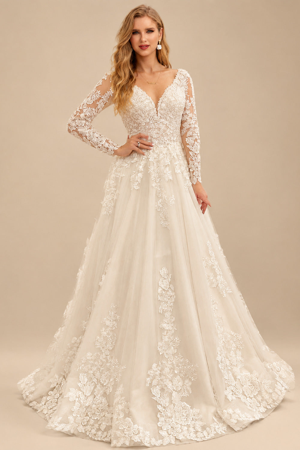 Rutipo As Picture Luxury Lace V-Neck Long Sleeves A-Line Wedding Dresses