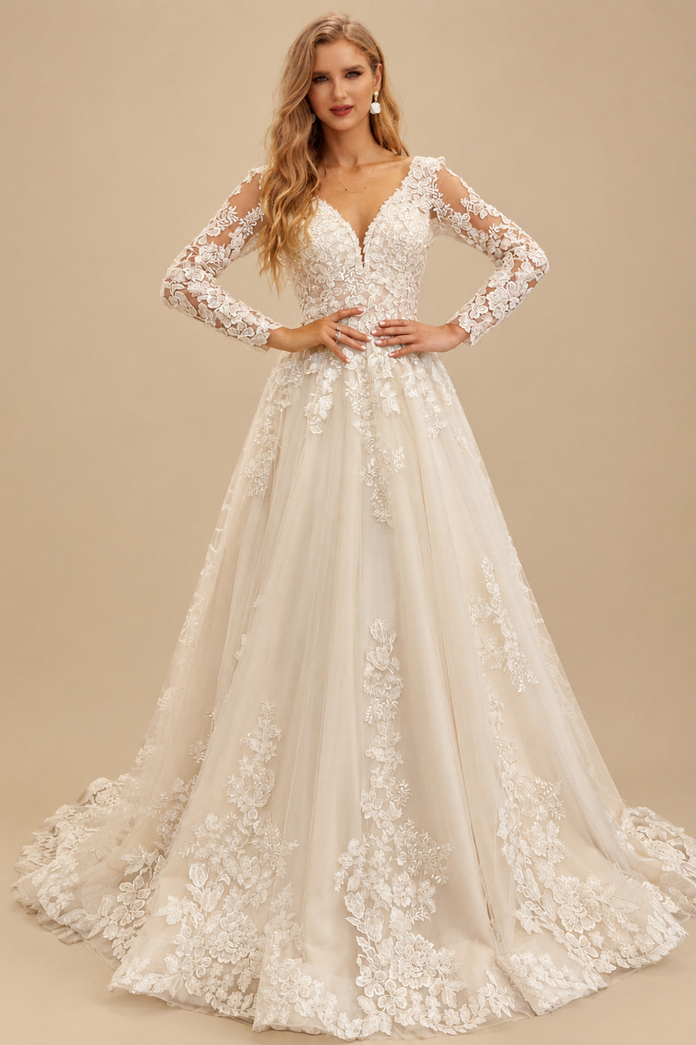 Rutipo As Picture Luxury Lace V-Neck Long Sleeves A-Line Wedding Dresses