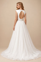 Rutipo Ivory Plunge Ball-Gown Lace Tulle Wedding Dresses With Back Hole