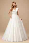 Rutipo Ivory Plunge Ball-Gown Lace Tulle Wedding Dresses With Back Hole