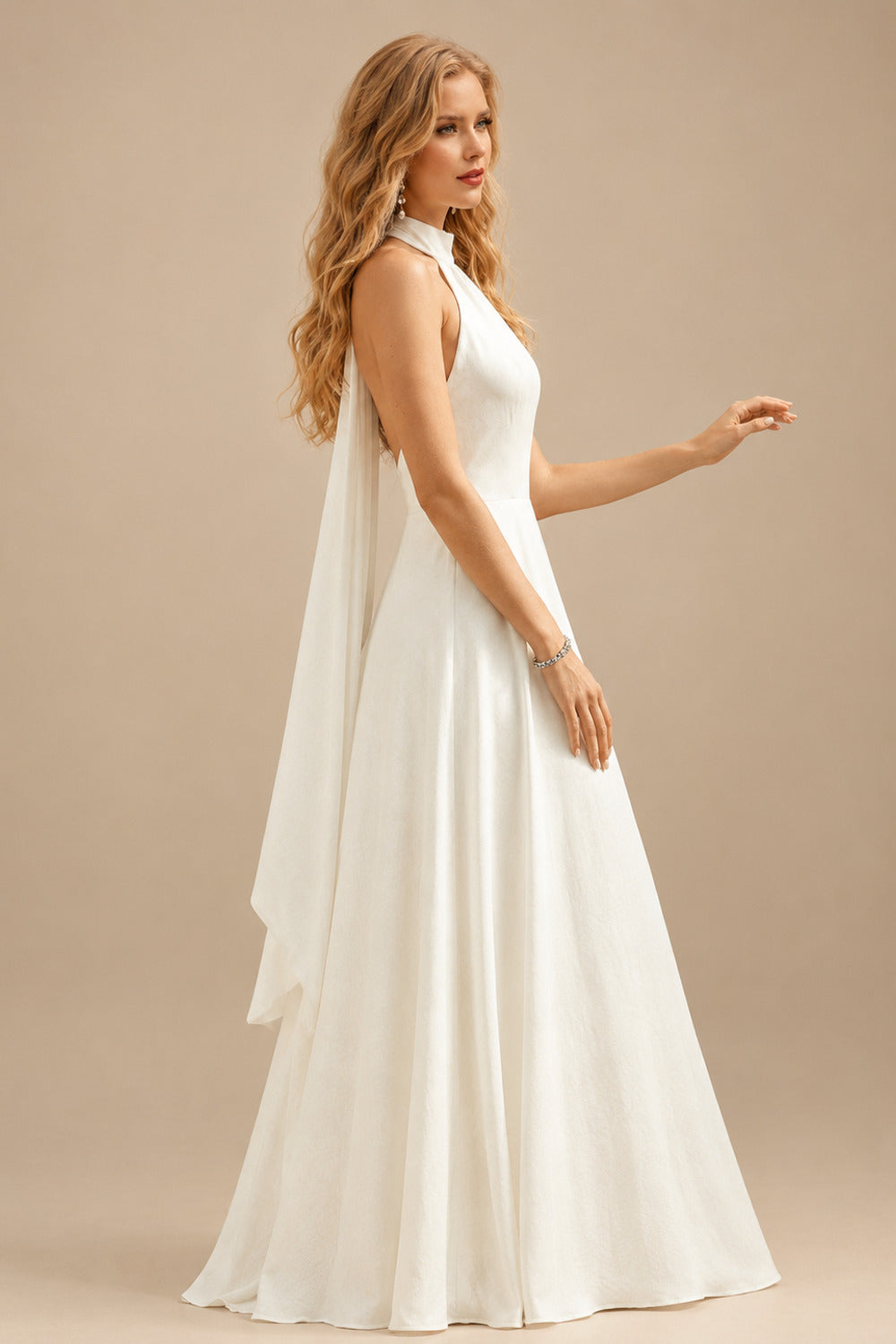 Rutipo Ivory High Neck Open Back Simple A-Line Wedding Dresses
