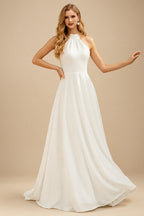 Rutipo Ivory High Neck Open Back Simple A-Line Wedding Dresses
