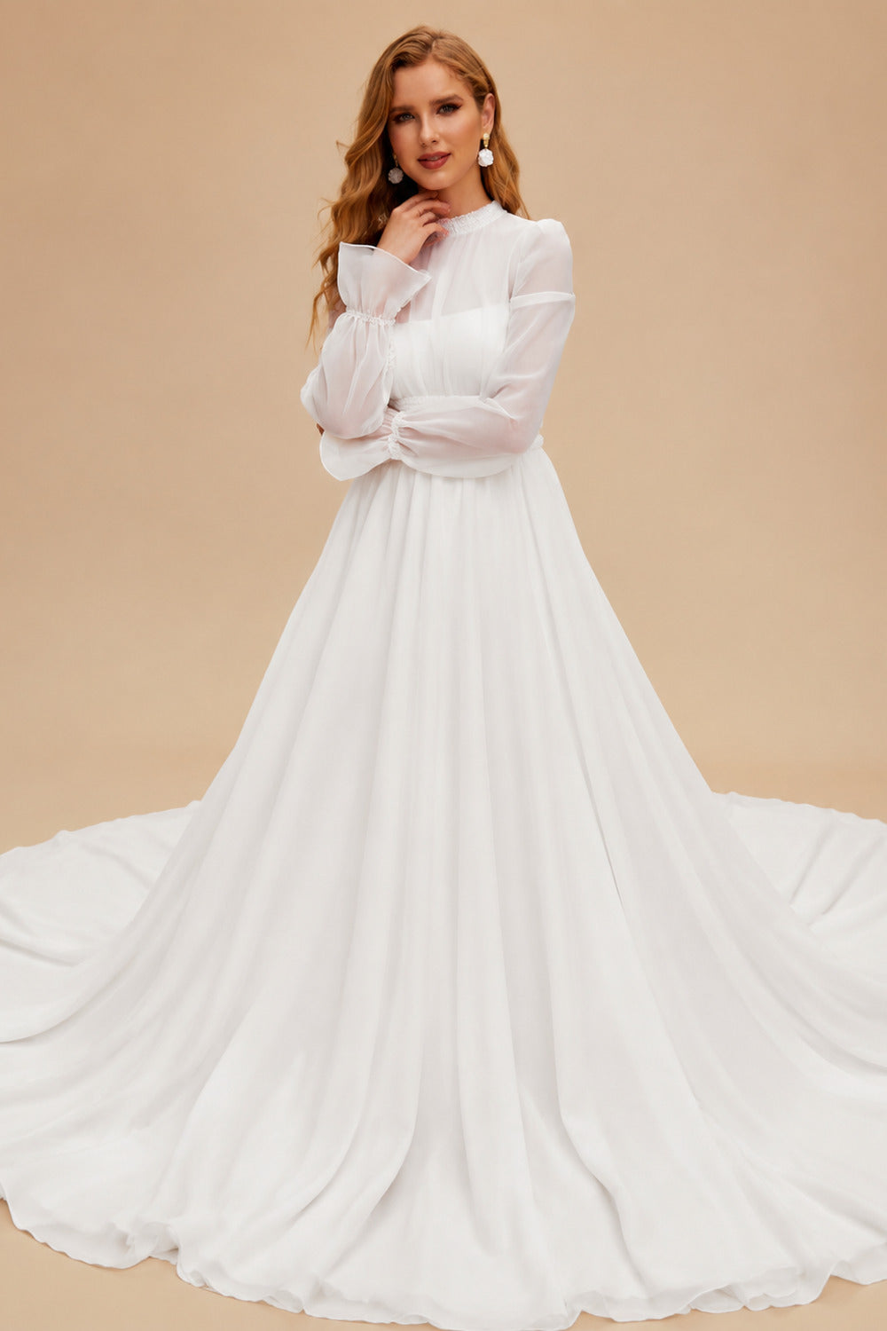 Rutipo Ivory High Neck Long Sleeves A-Line Wedding Dresses