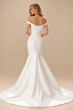 Rutipo Ivory Trumpet/Mermaid Off-The-Shoulder Satin Wedding Dresses With Pleated
