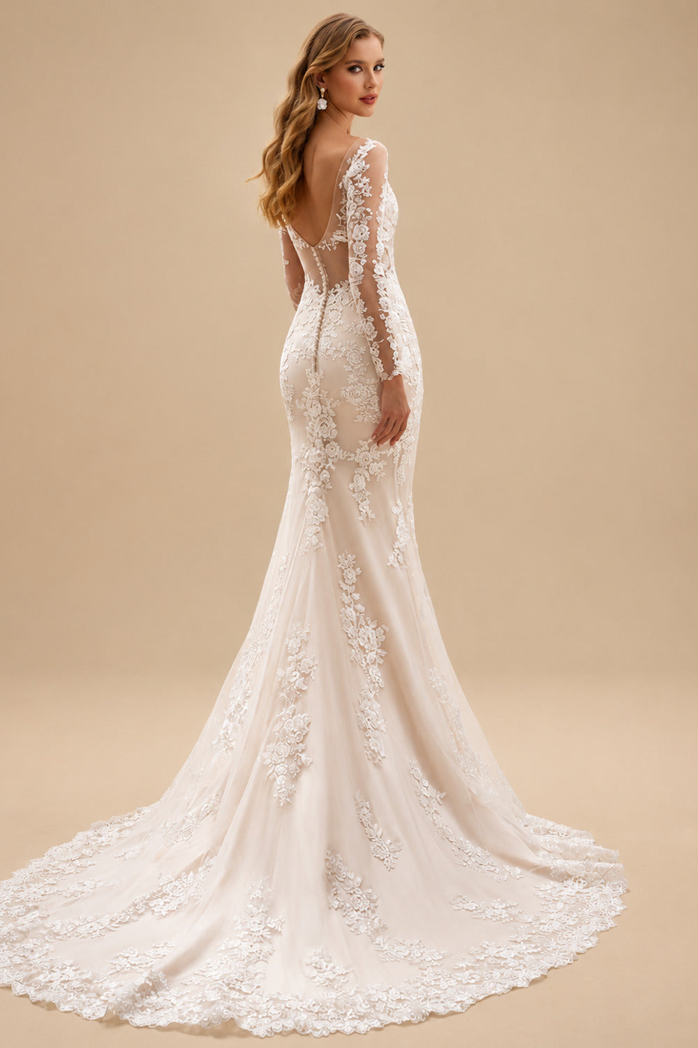 Rutipo As Picture Trumpet/Mermaid V-Neck Long Sleeves Tulle Wedding Dresses With Appliques Lace
