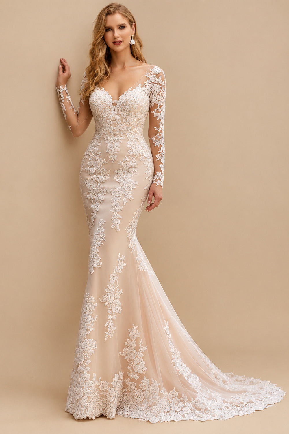 Rutipo As Picture Trumpet/Mermaid V-Neck Long Sleeves Tulle Wedding Dresses With Appliques Lace