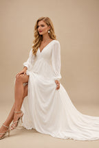 Rutipo Ivory A-Line V-Neck Long Sleeves Sweep Train Chiffon Wedding Dresses With Sash