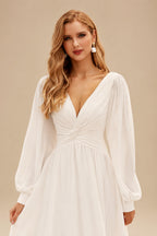 Rutipo Ivory A-Line V-Neck Long Sleeves Sweep Train Chiffon Wedding Dresses With Sash