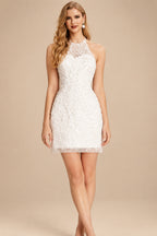 Rutipo Ivory Sheath/Column Halter Sleeveless Short/Mini Lace Wedding Dresses