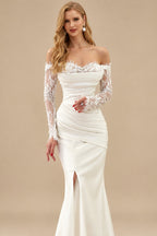 Rutipo Ivory Sheath/Column Strapless Long Sleeves Satin Wedding Dresses With Lace