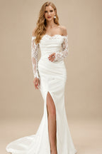 Rutipo Ivory Sheath/Column Strapless Long Sleeves Satin Wedding Dresses With Lace