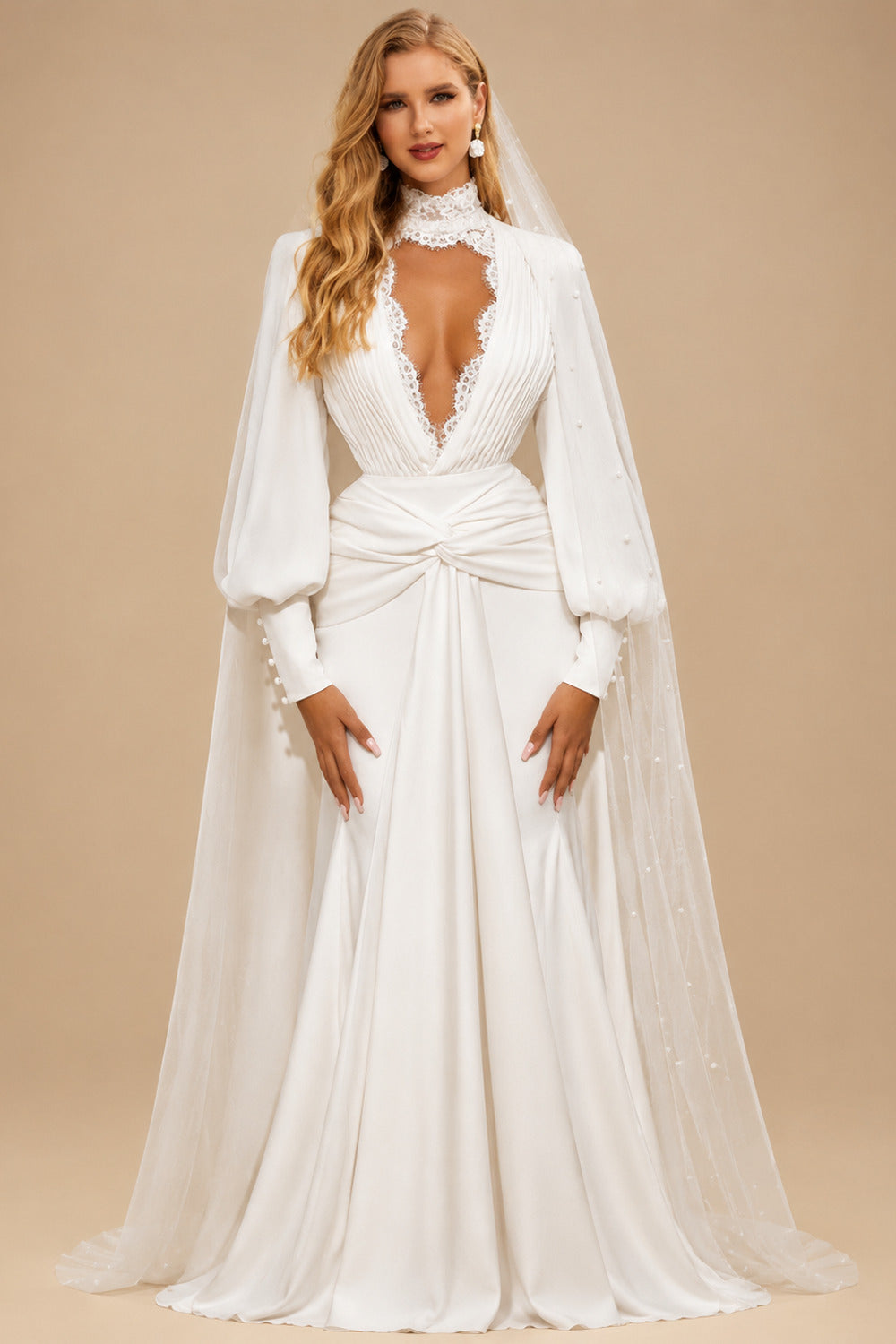 Rutipo Ivory A-Line Halter Long Sleeves Sweep Train Wedding Dresses With Lace