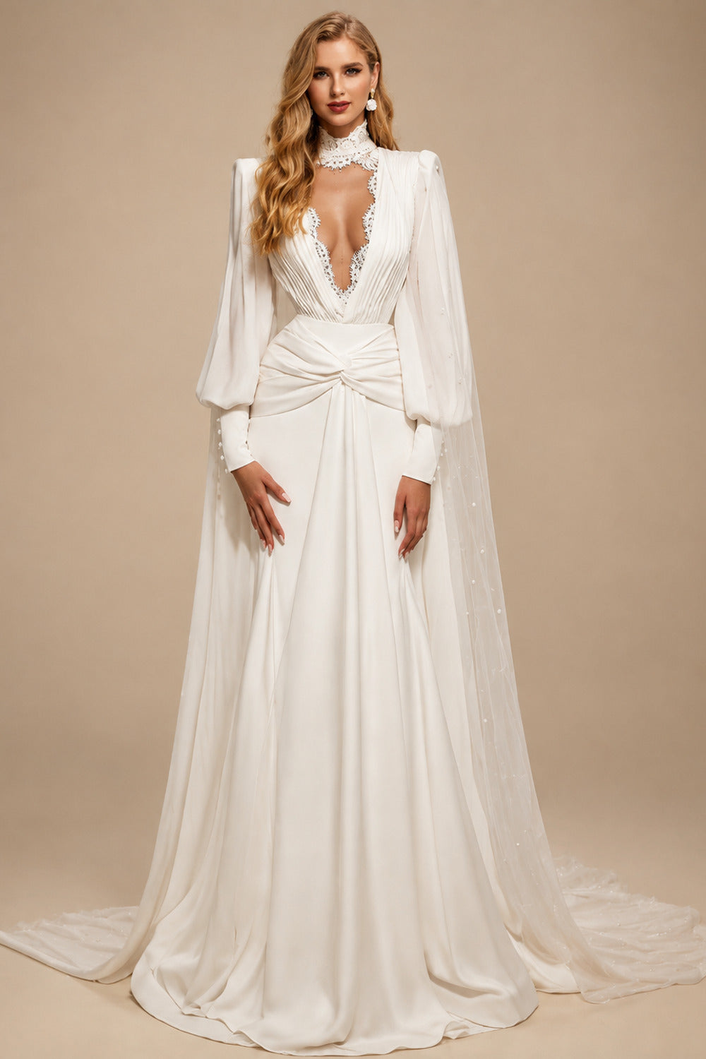 Rutipo Ivory A-Line Halter Long Sleeves Sweep Train Wedding Dresses With Lace