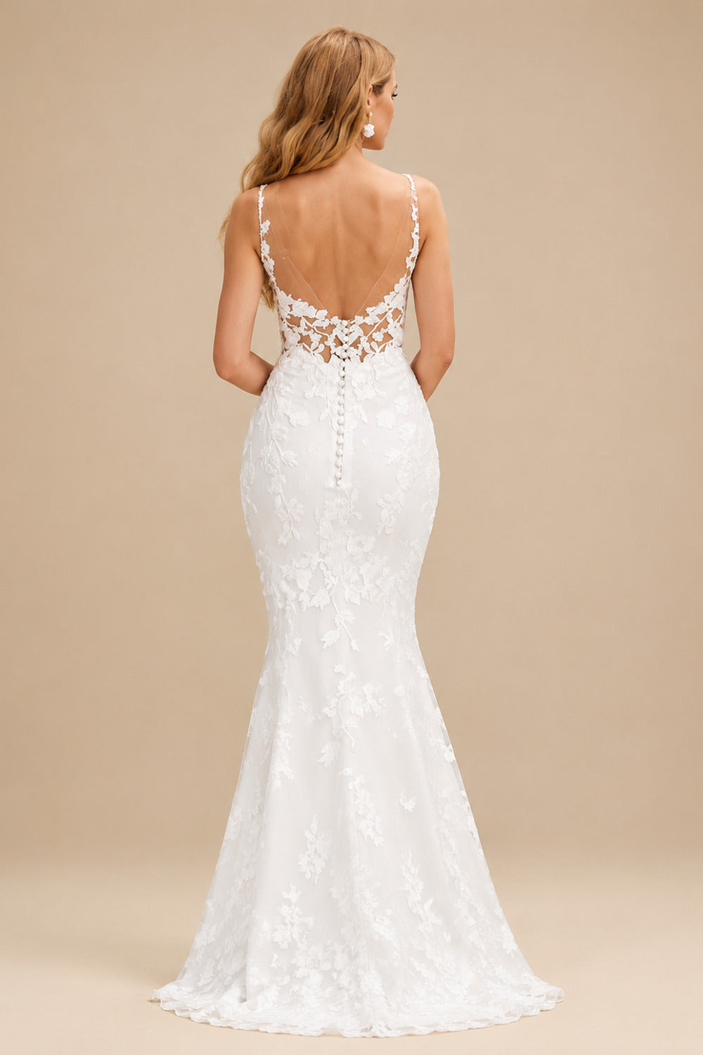 Rutipo Ivory V-Neck Sleeveless Court Train Lace Wedding Dresses