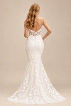 Rutipo Ivory V-Neck Sleeveless Court Train Lace Wedding Dresses