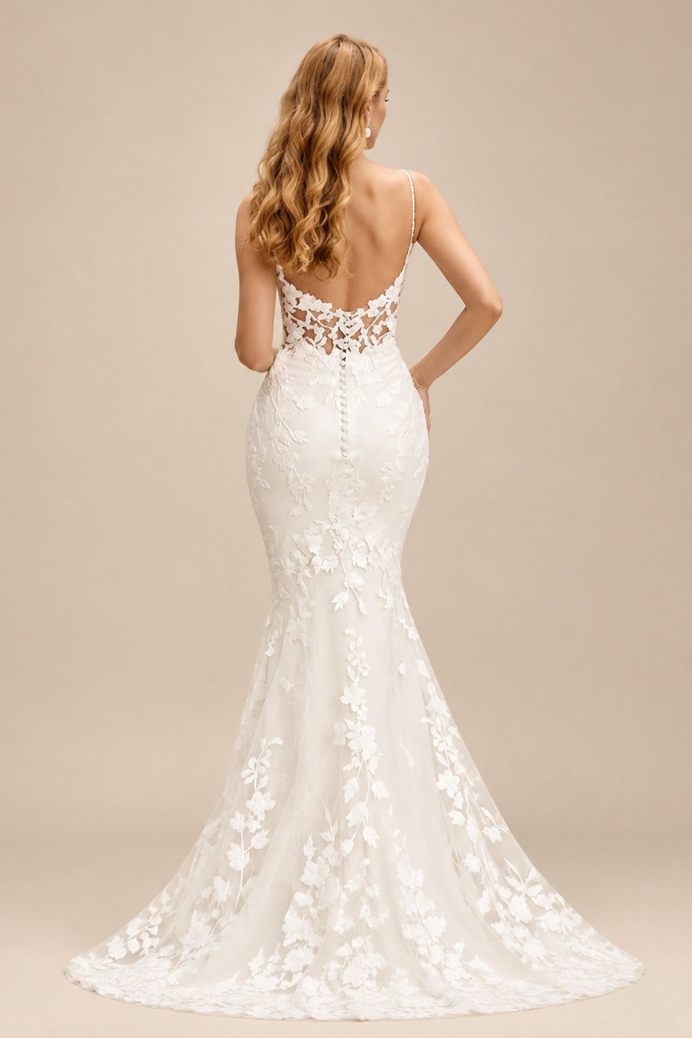 Rutipo Ivory V-Neck Sleeveless Court Train Lace Wedding Dresses