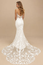 Rutipo Ivory V-Neck Sleeveless Court Train Lace Wedding Dresses
