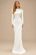 Rutipo Ivory Sheath/Column Asymmetrical Long Sleeves Sweep Train Wedding Dresses