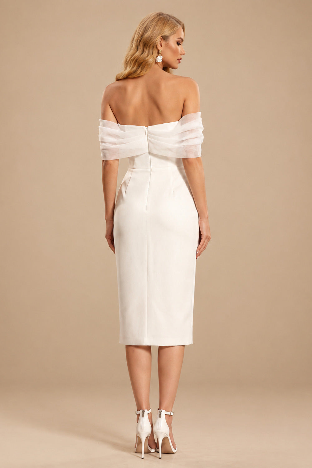 Rutipo Ivory Sheath/Column Off-The-Shoulder Sleeveless Tea-Length Wedding Dresses
