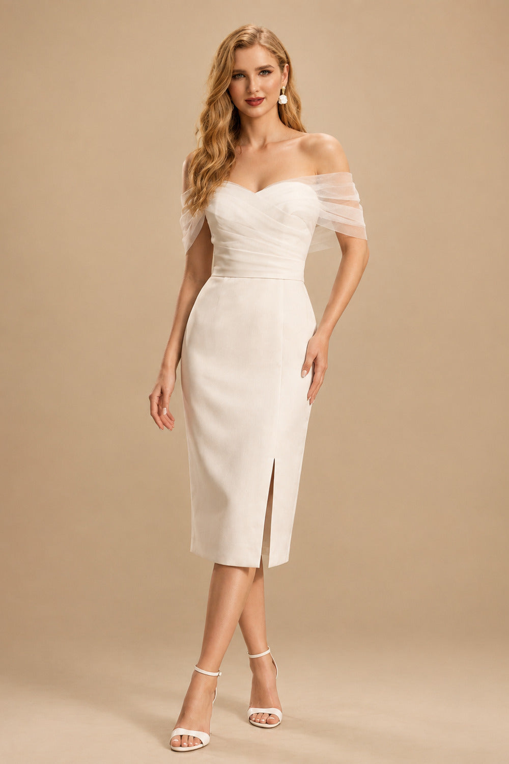 Rutipo Ivory Sheath/Column Off-The-Shoulder Sleeveless Tea-Length Wedding Dresses