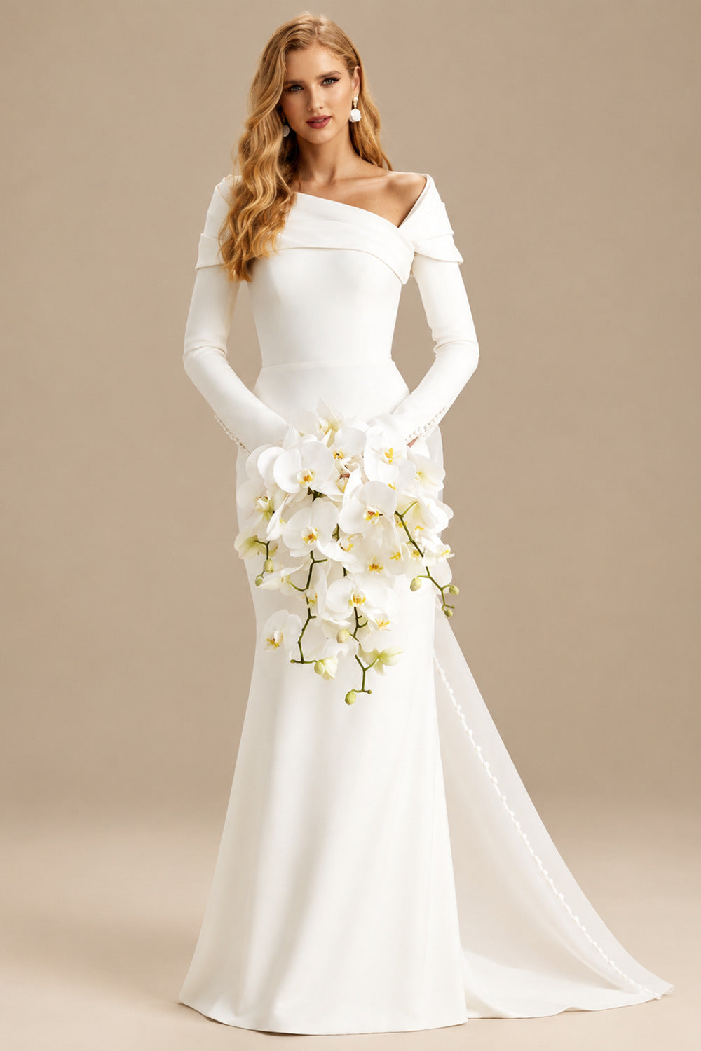 Rutipo Ivory Sheath/Column Asymmetrical Long Sleeves Matte Satin Wedding Dresses