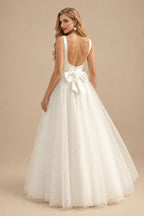 Rutipo Ivory Ball-Gown Square Neckline Sleeveless Tulle Wedding Dresses With Bow(s)