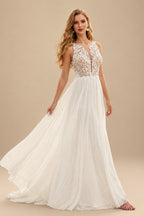Rutipo Ivory A-Line Scoop Neck Sleeveless Lace Wedding Dresses With Appliques Lace