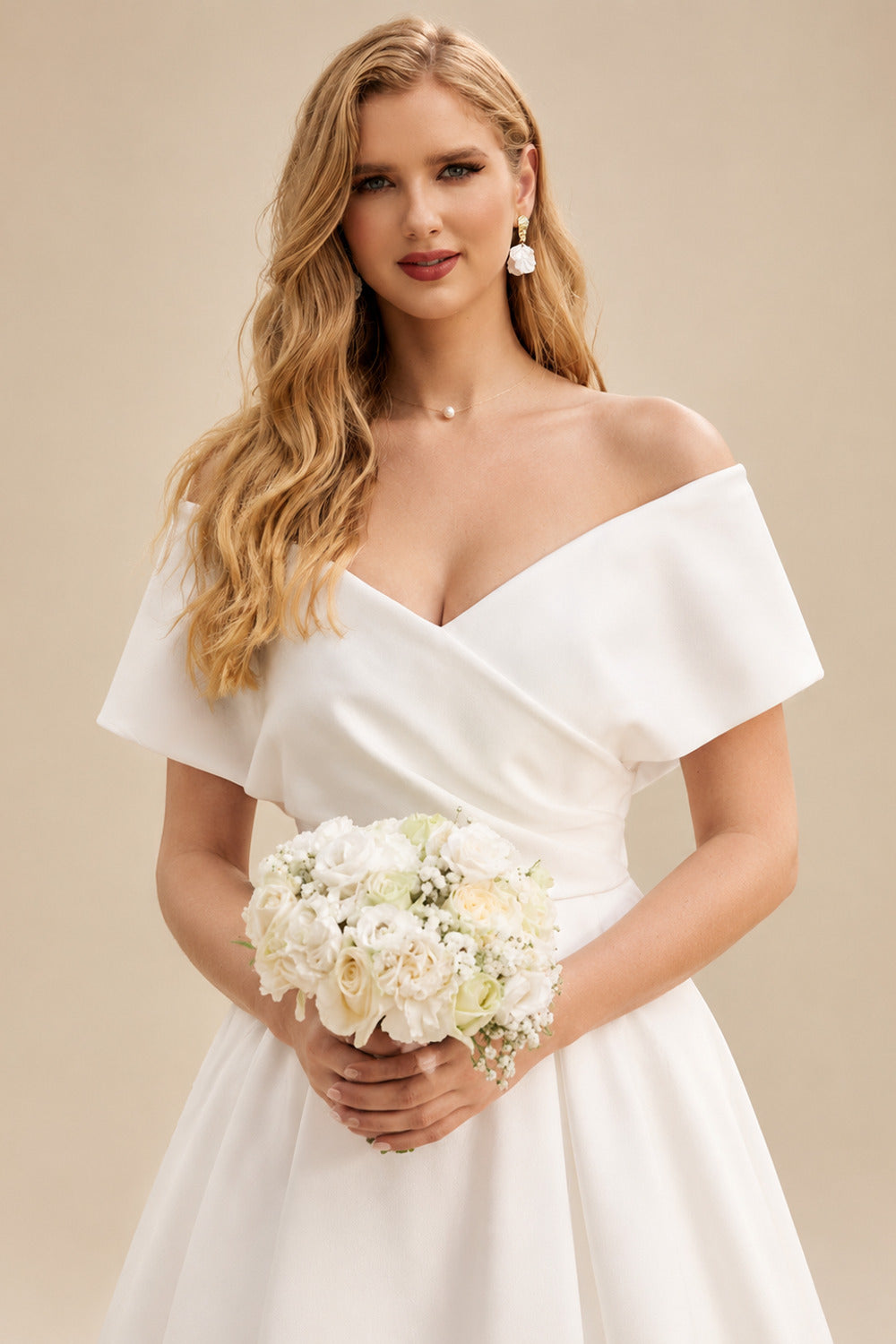 Rutipo Ivory Ball-Gown Off-The-Shoulder Sleeveless Sweep Train Satin Wedding Dresses