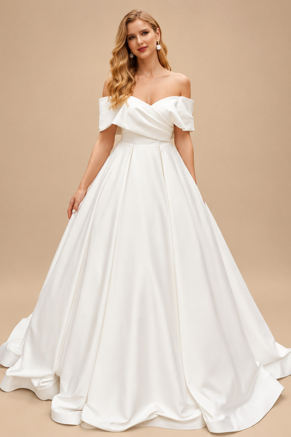 Rutipo Ivory Ball-Gown Off-The-Shoulder Sleeveless Sweep Train Satin Wedding Dresses