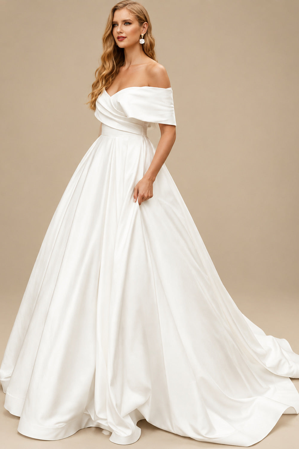 Rutipo Ivory Ball-Gown Off-The-Shoulder Sleeveless Sweep Train Satin Wedding Dresses