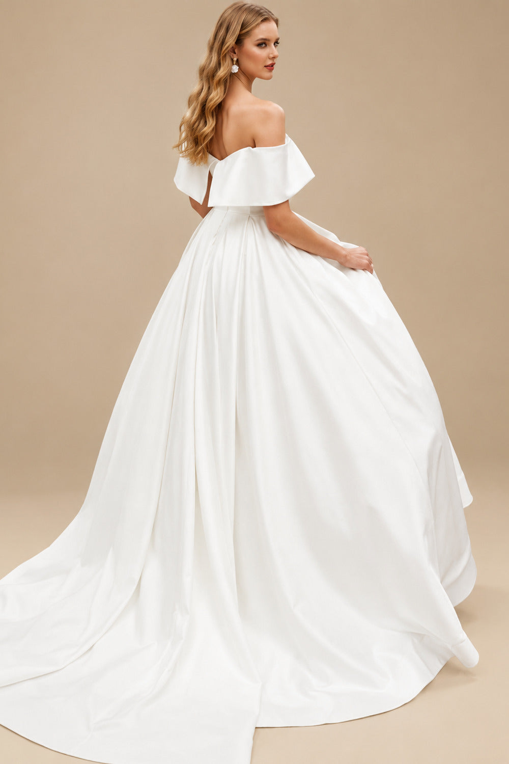 Rutipo Ivory Ball-Gown Off-The-Shoulder Sleeveless Sweep Train Satin Wedding Dresses