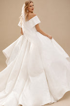 Rutipo Ivory Ball-Gown Off-The-Shoulder Sleeveless Sweep Train Satin Wedding Dresses
