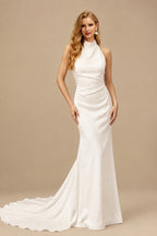 Rutipo Ivory Sheath/Column Halter Silk Like Satin Wedding Dresses With Back Hole