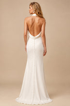 Rutipo Ivory Sheath/Column Halter Silk Like Satin Wedding Dresses With Back Hole