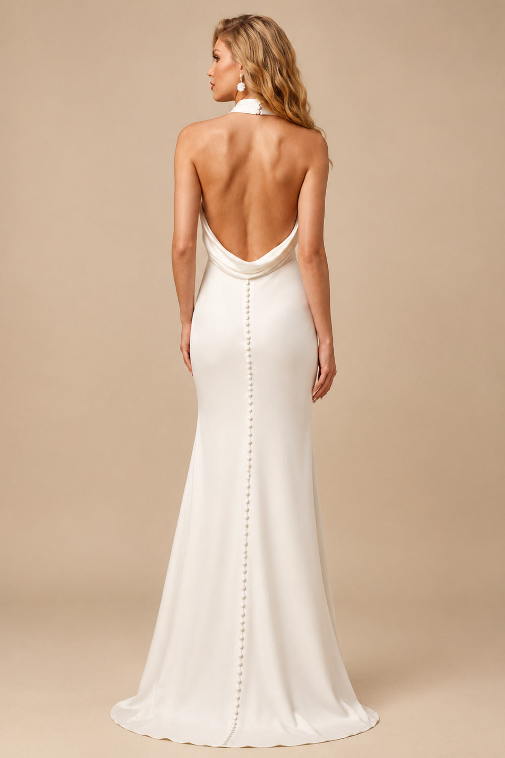 Rutipo Ivory Sheath/Column Halter Silk Like Satin Wedding Dresses With Back Hole