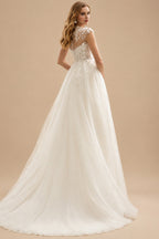 Rutipo Ivory A-Line Illusion Neck Short Sleeves Tulle Wedding Dresses With High Split