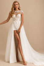 Rutipo Ivory A-Line Illusion Neck Short Sleeves Tulle Wedding Dresses With High Split