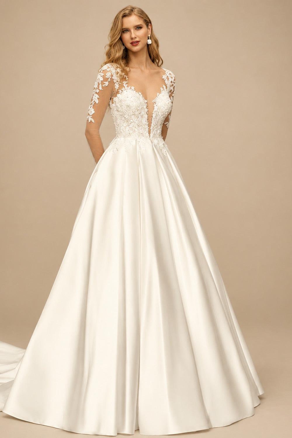 Rutipo Ivory Ball-Gown V-Neck Long Sleeves Satin Wedding Dresses With Appliques Lace