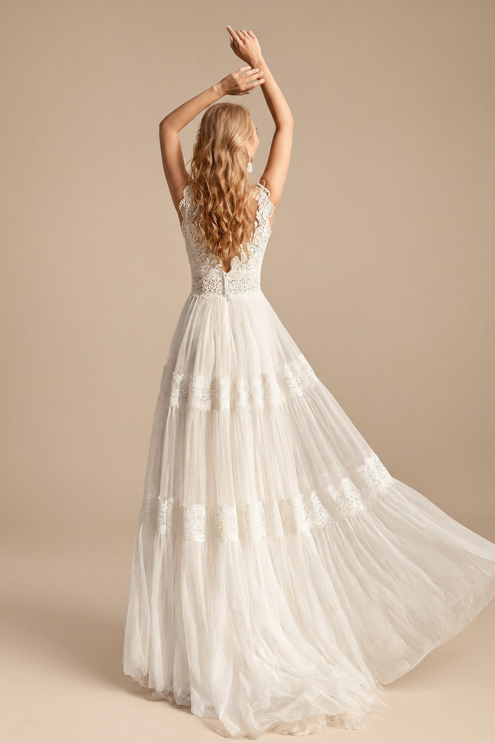 Rutipo Ivory A-Line V-Neck Sleeveless Sweep Train Lace Wedding Dresses