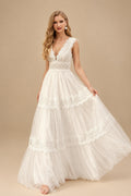 Rutipo Ivory A-Line V-Neck Sleeveless Sweep Train Lace Wedding Dresses