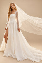 Rutipo Ivory Ball-Gown Square Neckline Long Sleeves Chiffon Wedding Dresses With High Split