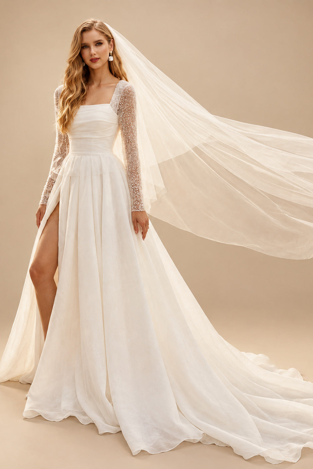 Rutipo Ivory Ball-Gown Square Neckline Long Sleeves Chiffon Wedding Dresses With High Split
