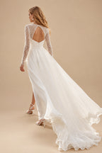 Rutipo Ivory Ball-Gown Square Neckline Long Sleeves Chiffon Wedding Dresses With High Split