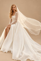 Rutipo Ivory Ball-Gown Square Neckline Long Sleeves Chiffon Wedding Dresses With High Split
