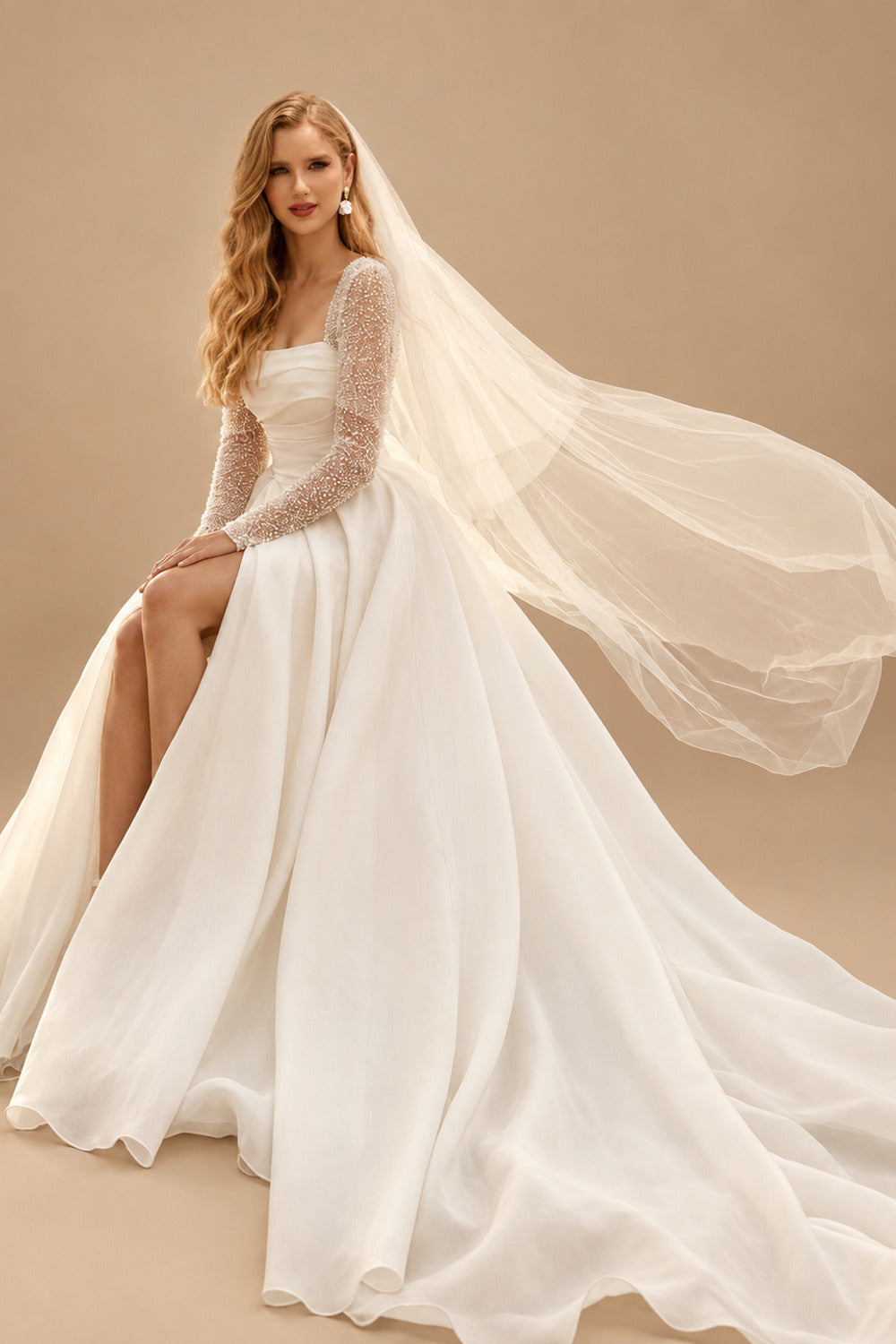 Rutipo Ivory Ball-Gown Square Neckline Long Sleeves Chiffon Wedding Dresses With High Split