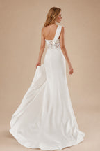 Rutipo Ivory Exquisite Ruched One-Shoulder Sequined Illusion Corset Wedding Dresses With 3D Floral