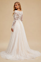 Rutipo As Picture A-Line V-Neck Long Sleeves Tulle Wedding Dresses With Appliques Lace